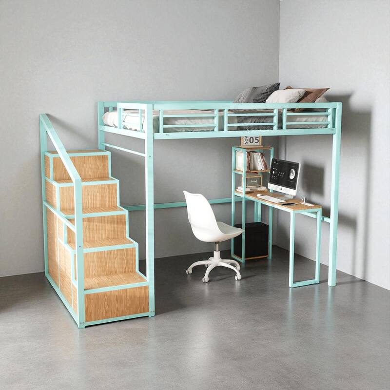 Full Size Metal Loft Bed with Desk, Charging Station, Storage Stairs, Cabinets & Shelves, Space-Saving Bed for Kids/Teens - Green - Full