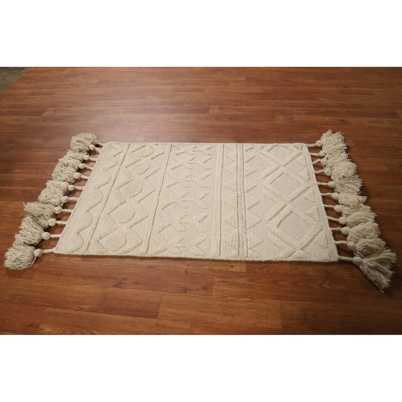 Geometric Ivory Moroccan Oriental Foyer Rug Hand-Knotted Wool Carpet - 2'0"x 3'0"
