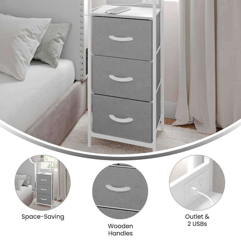 3 Fabric Drawer Nightstand with 2 USB Port/1 Outlet Charging Station