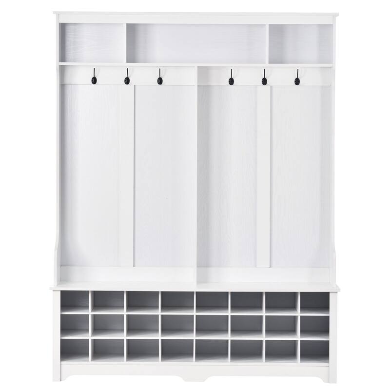 60" Wide Hall Tree Entryway Bench with Coat Rack,Multiple Functions Hallway Coat Rack with Metal Hook & 24 Shoe Cubbies - White