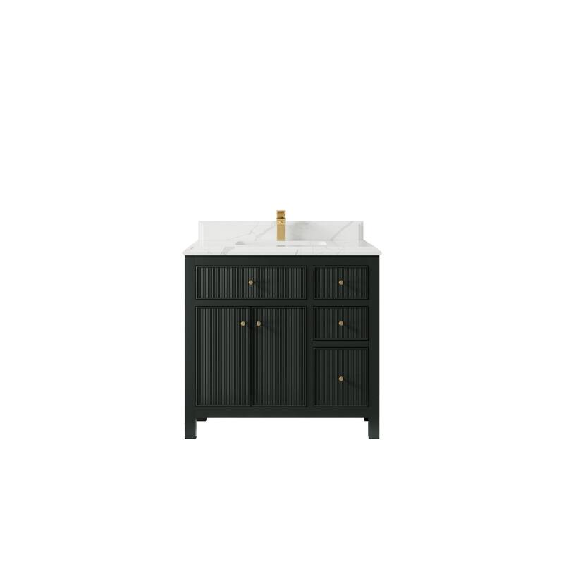 Willow Collections 36 in W x 22 in D Sonoma Center Sink Free Standing Reeded Bathroom Vanity with Countertop - 1.5" Calacatta Laza - Dark Forest Green