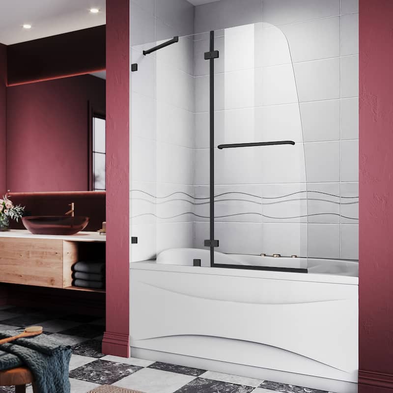 Elegant Frameless Pivot Hinged Fixed Bathtub Panel 5/16" Clear Tempered Glass Door Rotated 90° Shower Door for Bathtub - 48"W x 58"H - Matte Black