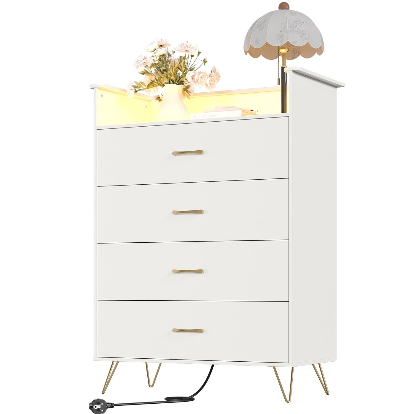 Tall Dressers for Bedroom with LED Lighting & Charging Station and 4 Drawer, Black Wood Chest of Drawers