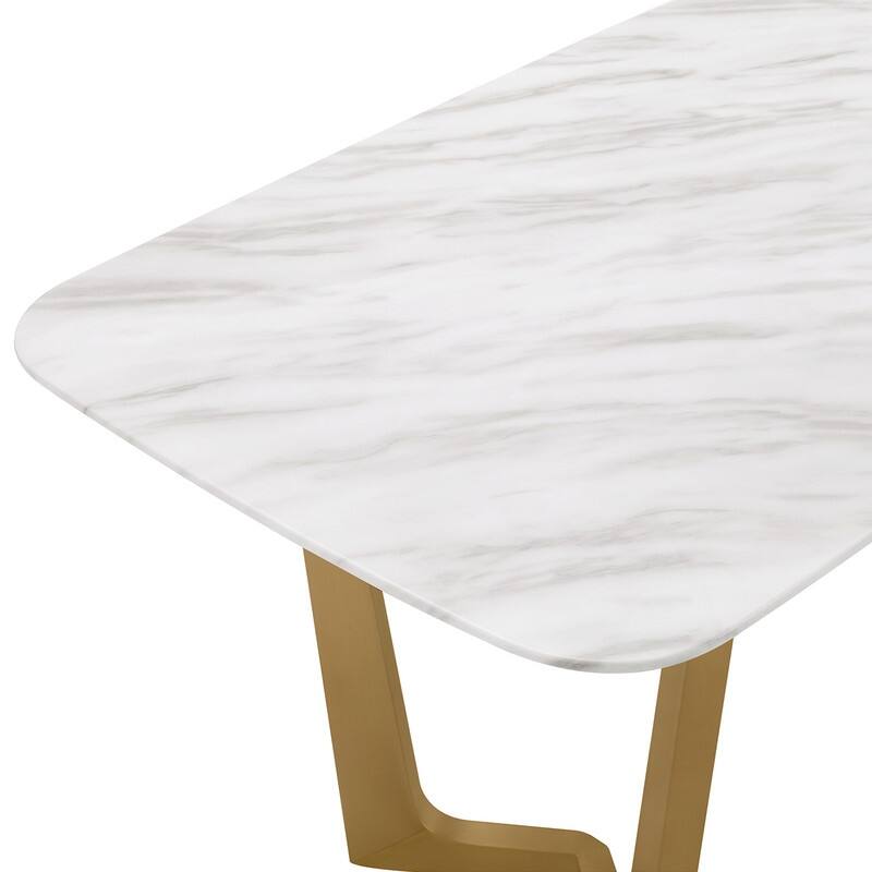Spruce & Spring Modern Minimalist 63" Jazz White Marble Dining Table with Champagne Stainless Steel Base