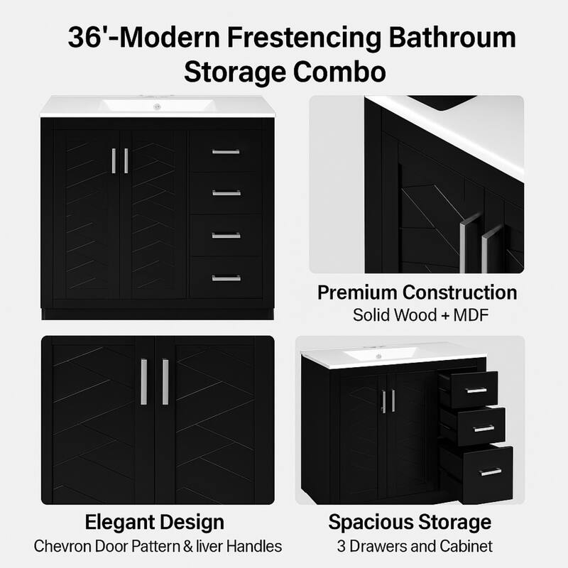 36'' Freestanding Bathroom Vanity with Sink, Solid Wood Frame, 3 Drawers