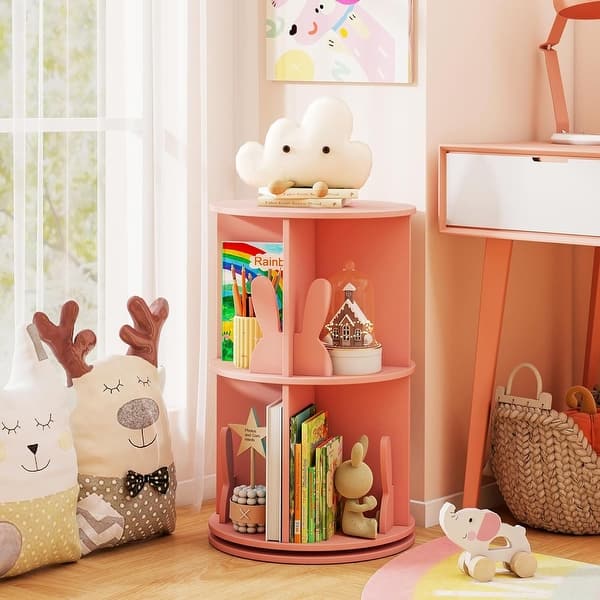 slide 2 of 7, Kids Wooden Rotating Bookshelf Small Corner Organizer with Baffles