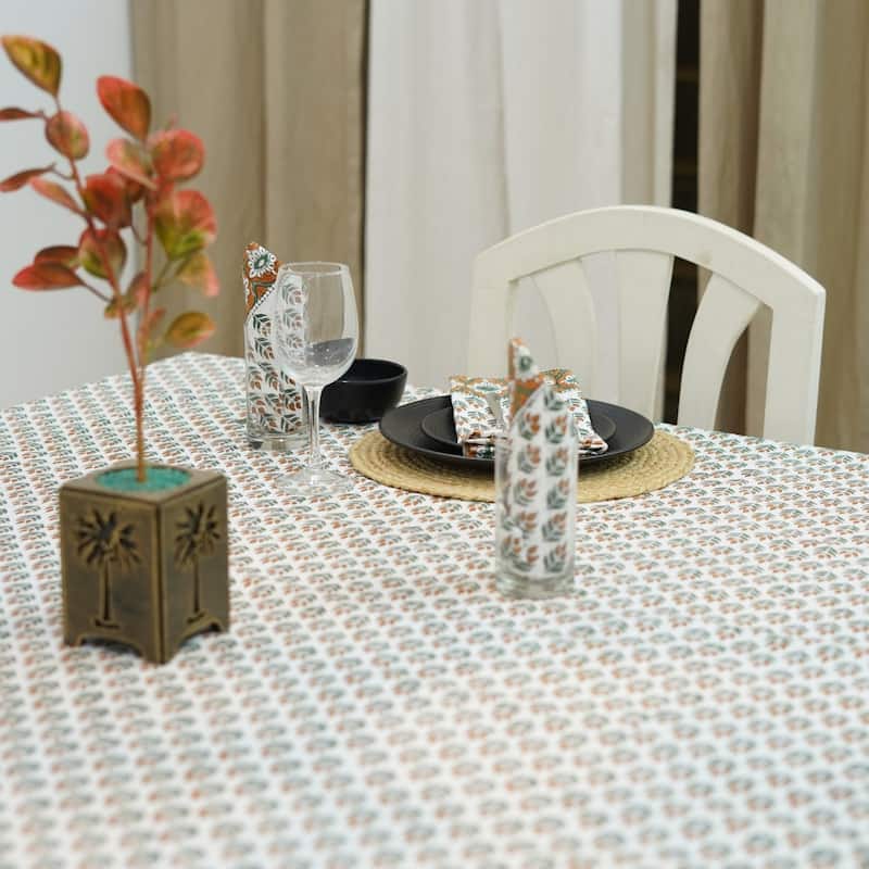 Fabdivine Handmade Block Print Cotton Table Cover Farmhouse Dining Kitchen Decor Gift - 72"X120" - Alia- Orange, Green