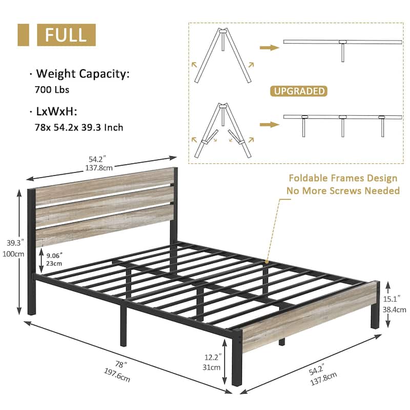 VECELO Industrial Wood Bed Frame with Headboard, Twin Size Beds/Full Size Beds/Queen Size Beds