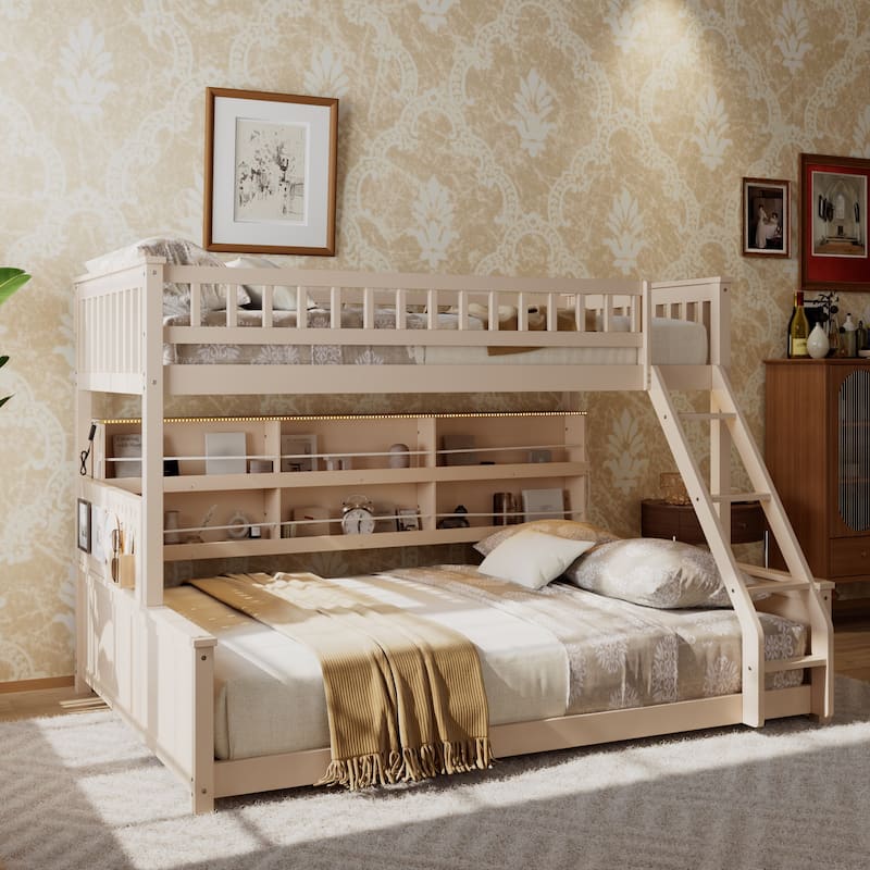Full XL over Queen/Full over Full Bunk Bed with Integrated Shelving, Color-Changing Lights & Pegboard