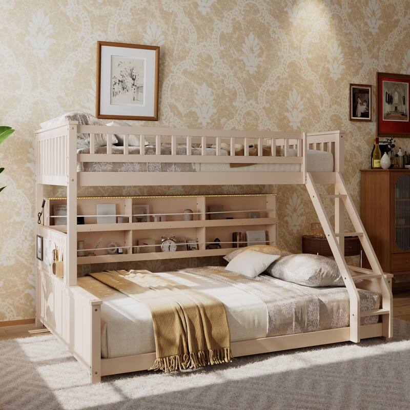 Twin XL over Queen Bunk Bed with Integrated Shelving, Color-Changing Lights and Pegboard