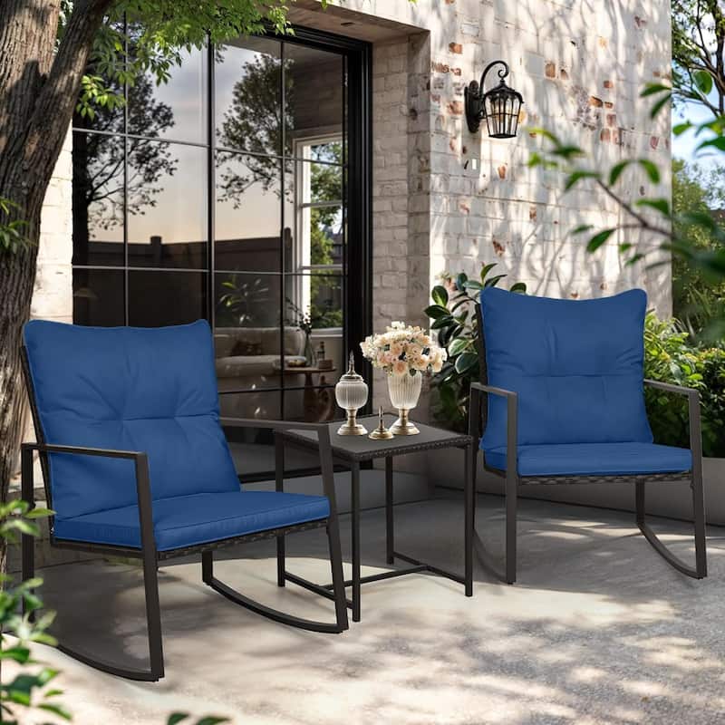 SUNCROWN 3-piece Outdoor Patio Brown/Black Wicker Rocking Chairs Conversation Bistro Set