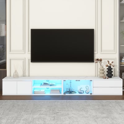 Modern APP Controlled LED TV Stand with Faux Marble Tabletop, Tempered Glass Doors and 2 Drawers