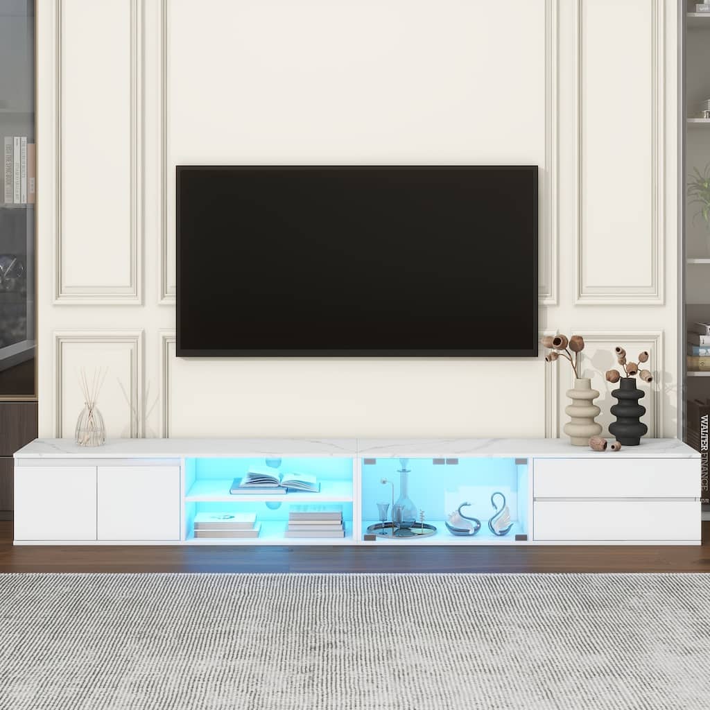 Modern APP Controlled LED TV Stand with Faux Marble Tabletop, Tempered Glass Doors and 2 Drawers