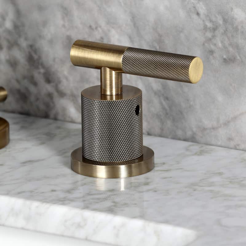 Kingston Brass Convergent Two-Handle 3-Hole Deck Mount Widespread Bathroom Faucet with Knurled Handle and Brass Pop-Up Drain