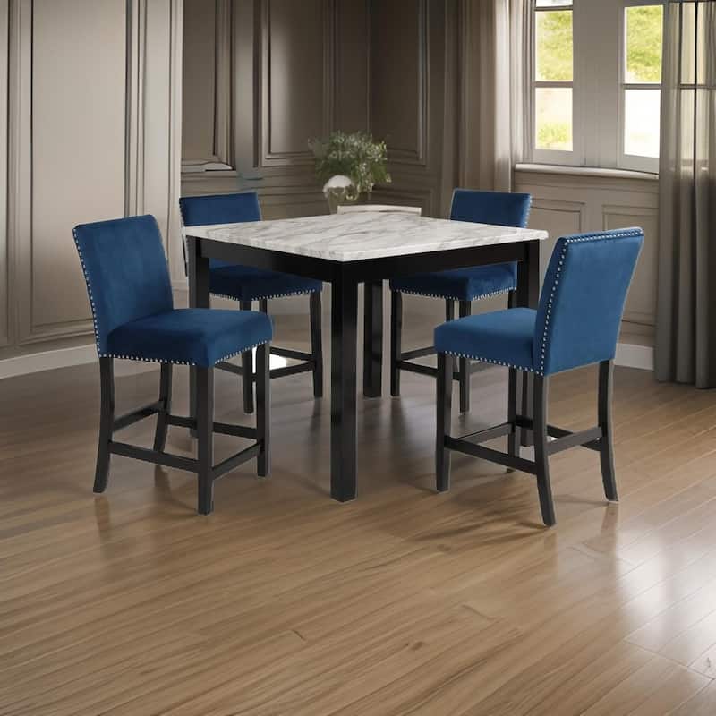 Jordan 5 Piece Counter Height Table Set, 4 Chairs, Wood, Royal Blue Velvet