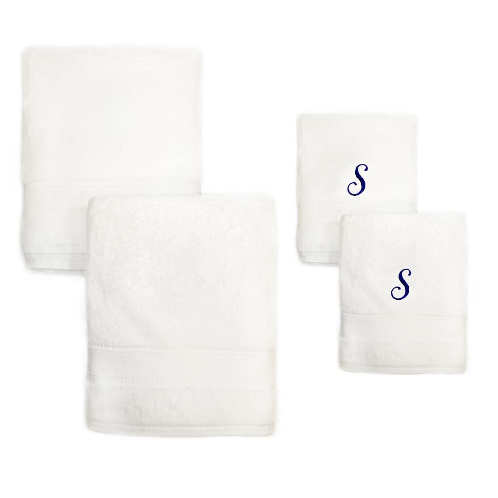Sweet Kids 2-piece White Turkish Cotton Bath and Hand Towel Set with Royal Blue Monogrammed Initial