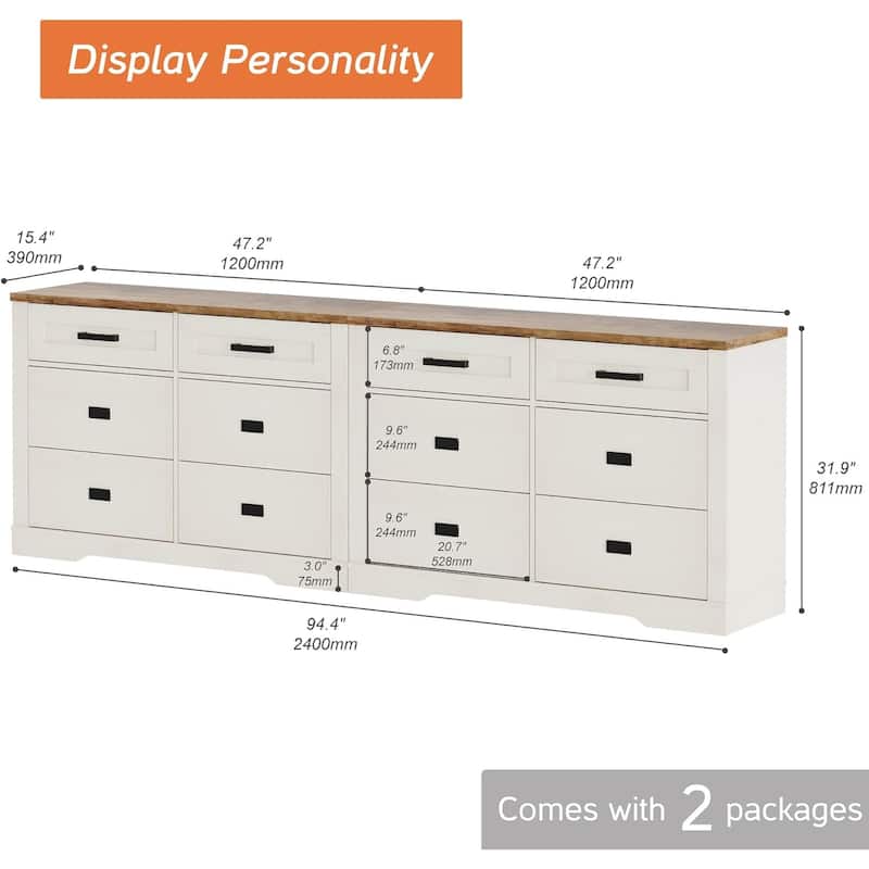 Wooden Dresser for Bedroom with 6 Drawers, 2 in 1 12 Drawer Farmhouse Storage Cabinet