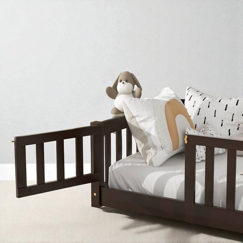 Twin Size Floor Bed with Fence and Door, Rubber Wood Frame with Safety Guardrails