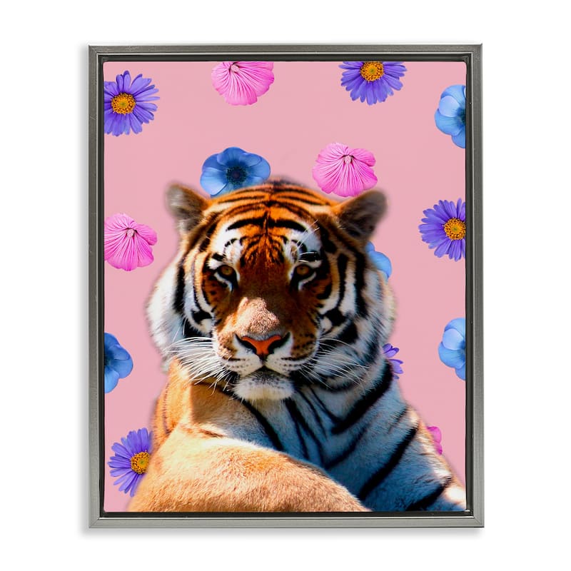 Stupell Floral Safari Tiger Framed Floater Canvas Wall Art Design By Marcus Prime - 17 x 21 - Grey