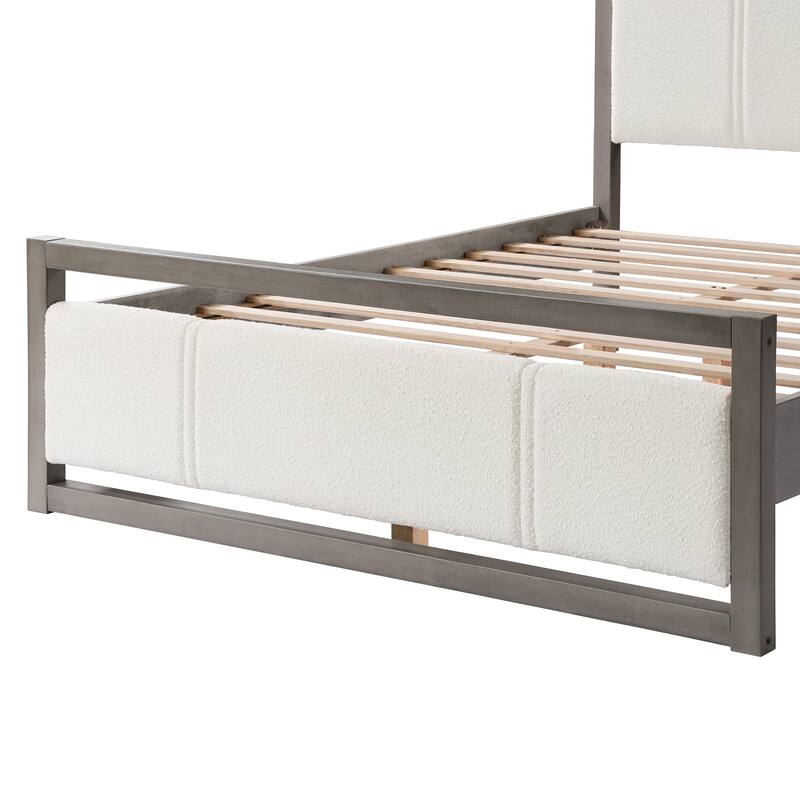 Queen/King Size Platform Bed, Solid Wood Bed Frame with Ivory Boucle Upholstered Headboard and Footboard, Wooden Slats Support