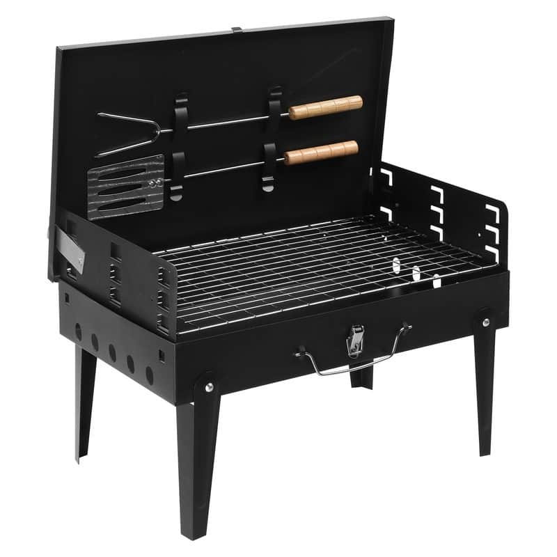 Portable Black Square Charcoal Grill - N/A
