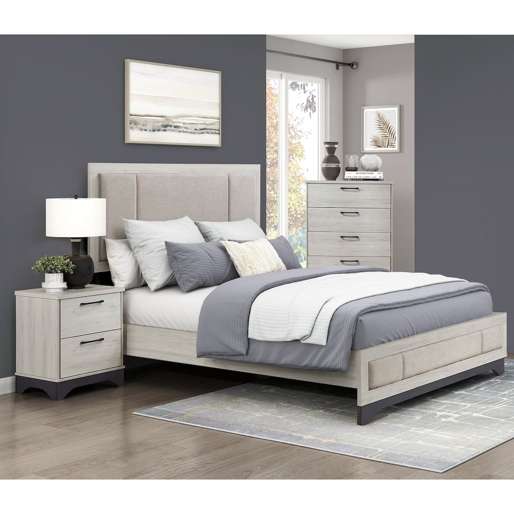 White Oak and Gray Finish Bed Nightstand Chest Set 3pcs Bedroom Furniture