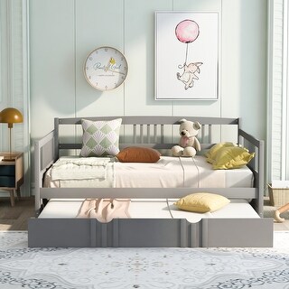 Gray Modern Simple Full Size Wood Daybed w/ Twin Size Trundle Bunk Bed Frame for Kids, Teens No Box Spring Needed, Easy Assembly
