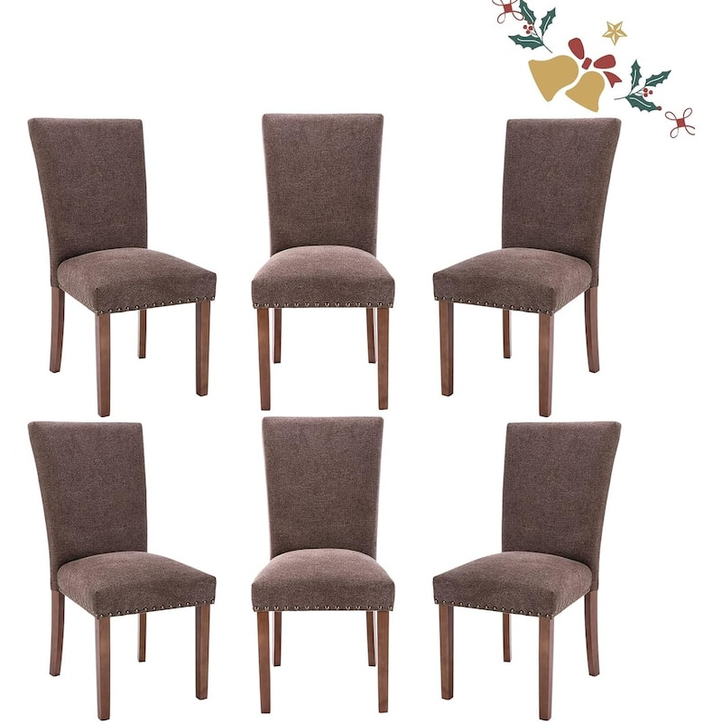 Upholstered Parsons Dining Chairs Set of 2/4/6, Fabric Dining Room Kitchen Side Chair with Nailhead Trim and Wood Legs - Set of 6 - F-Brown