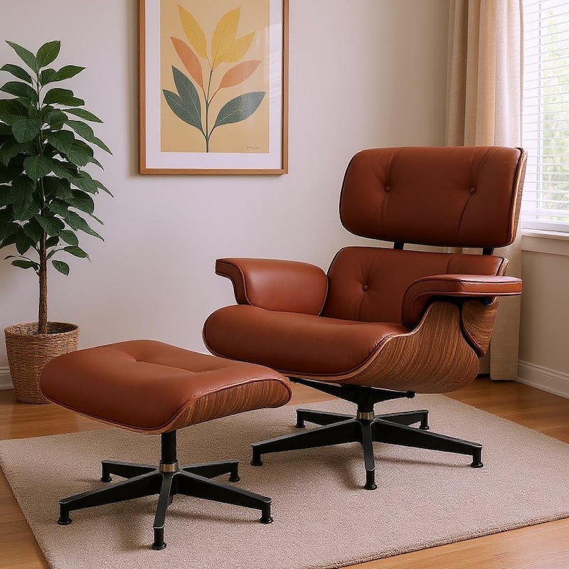 HomeRoots 27" Brown and Light Brown Tufted Genuine Leather Swivel Lounge Chair With Ottoman - 27.17 in. x 27.50 in. x 20.47 in. - 27.17 in. x 27.50 in.  x 20.47 in.