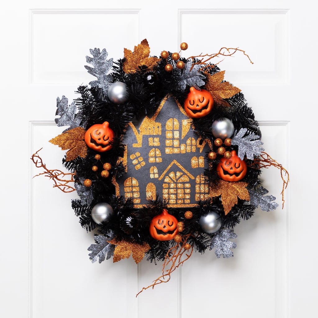 Orange and Black Haunted House Halloween Wreath, 24-Inch, Unlit