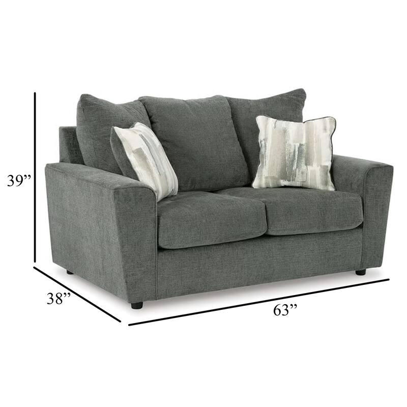 Ratty Loveseat, 63 Inch Gray Polyester, Welt Trims, 2 Throw Pillows
