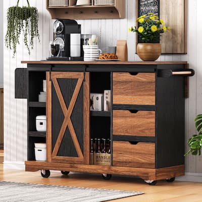 55 Inch Farmhouse Kitchen Island Drop Leaf Barn Door Power Outlet Wheels
