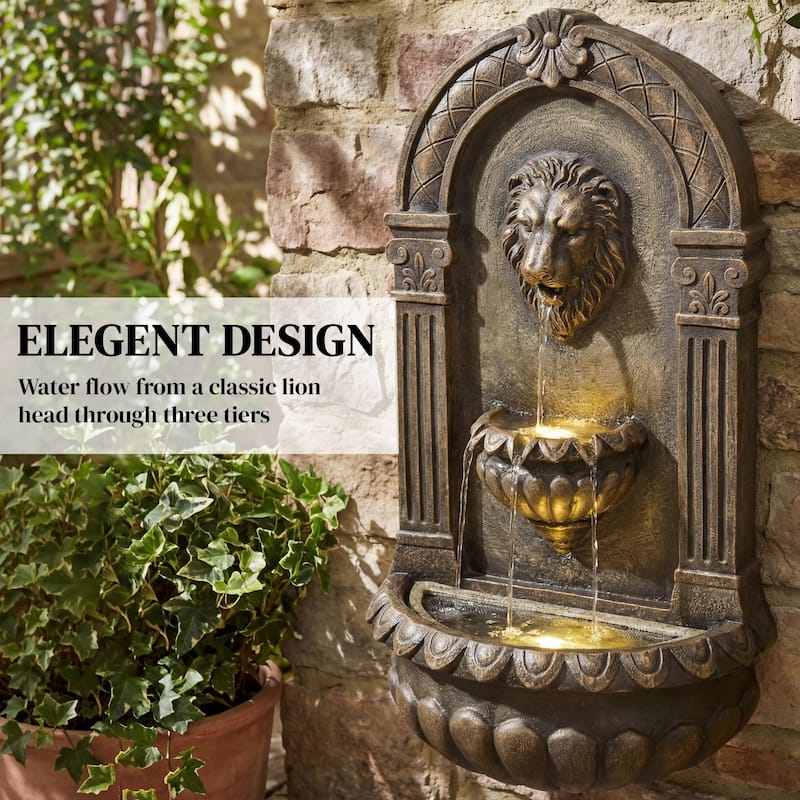 Outsunny 31" Wall-Mounted 3-Tier Outdoor Fountain, Cascading Waterfall Feature with LED Lights and Adjustable Flow