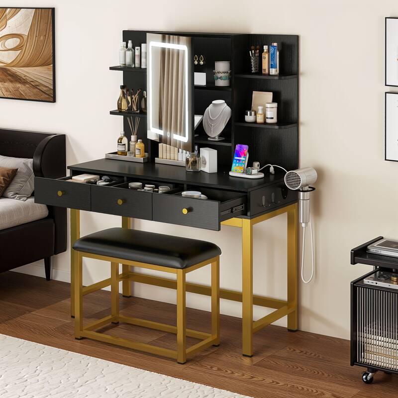 Moasis 3 Drawers Makeup Vanity Desk Set with Lights and Mirror & Stool - Black