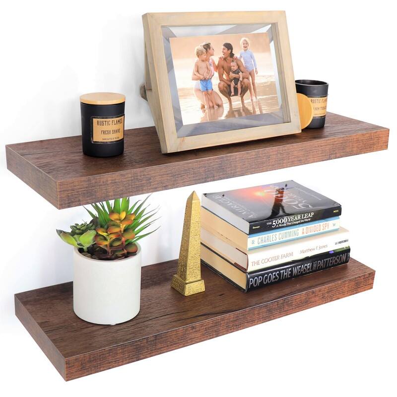 Designer 24" Floating Wall Shelves, Large Wooden Rack Set of 2