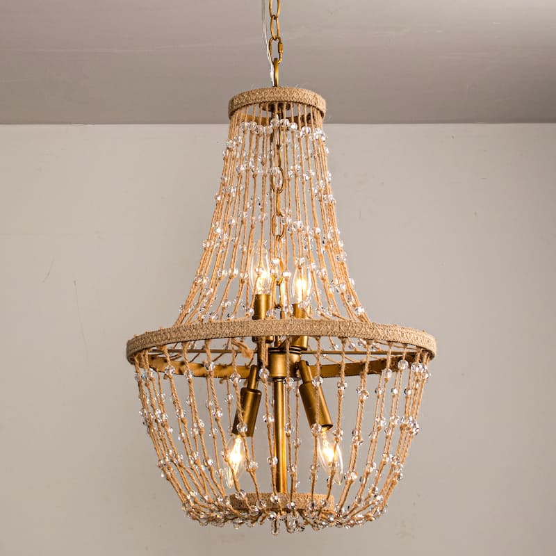 Bohemian Natural Brown Hemp Rope 4-Light Basket Chandelier - 16.54" fixture width x 25.2" fixture height
