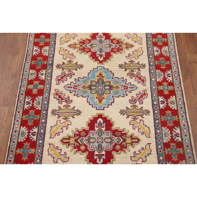Ivory Geometric Kazak Oriental Accent Rug Handmade Wool Carpet - 3'7" x 5'2"