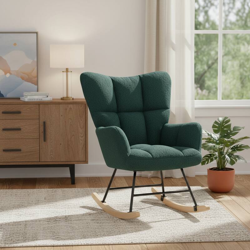 HomeRoots 23" Green and Black Boucle Steel And Wood Glider Rocking Chair - 22.80 in. x 38.98 in. x 33.61 in. - Green/Black