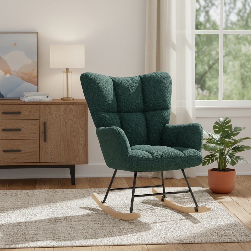 HomeRoots 23" Green and Black Boucle Steel And Wood Glider Rocking Chair - 22.80 in. x 38.98 in. x 33.61 in.