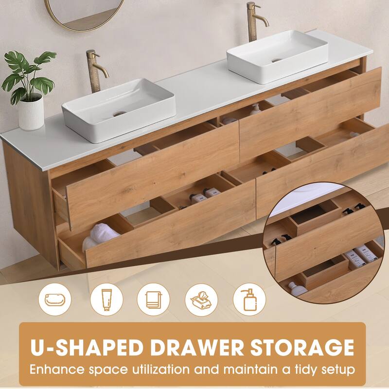 84" Floating Bathroom Vanity Quartz Counter Top with Double Ceramic Vessel Sink