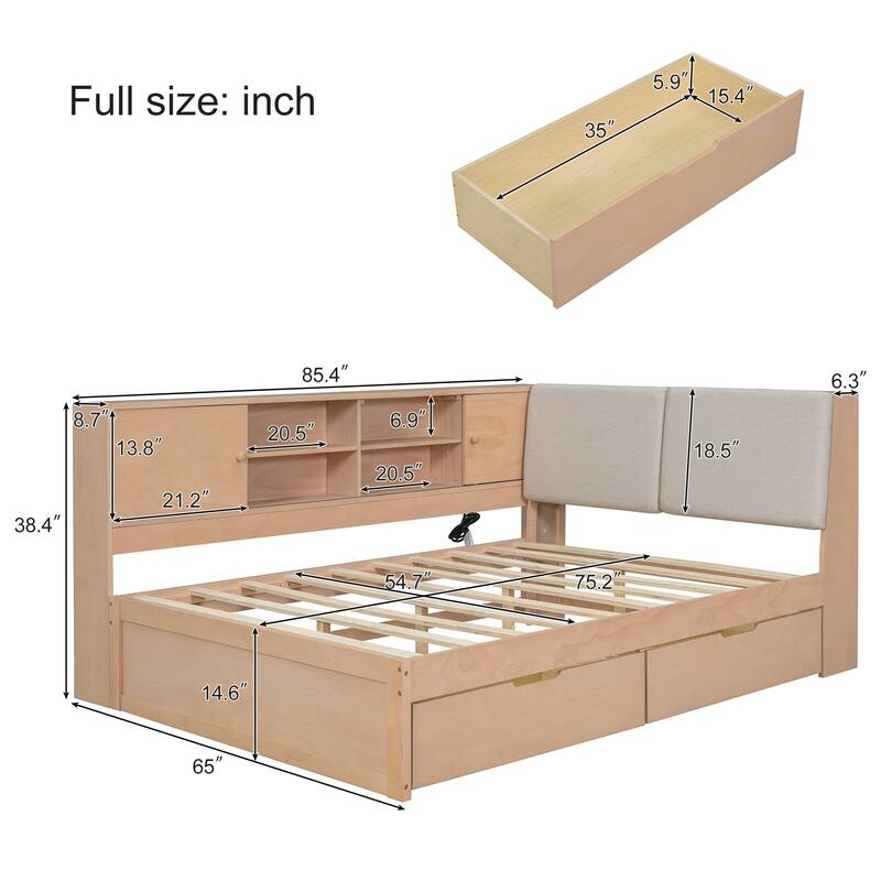 L-Shaped Daybed with Bookcase & USB Charging Port, Wood Floor Corner Bed Frame with Storage Drawers & Upholstered Headboard