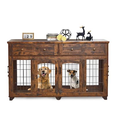 Double Dog Crate Furniture with Drawers, Removable Divider, and Storage Table