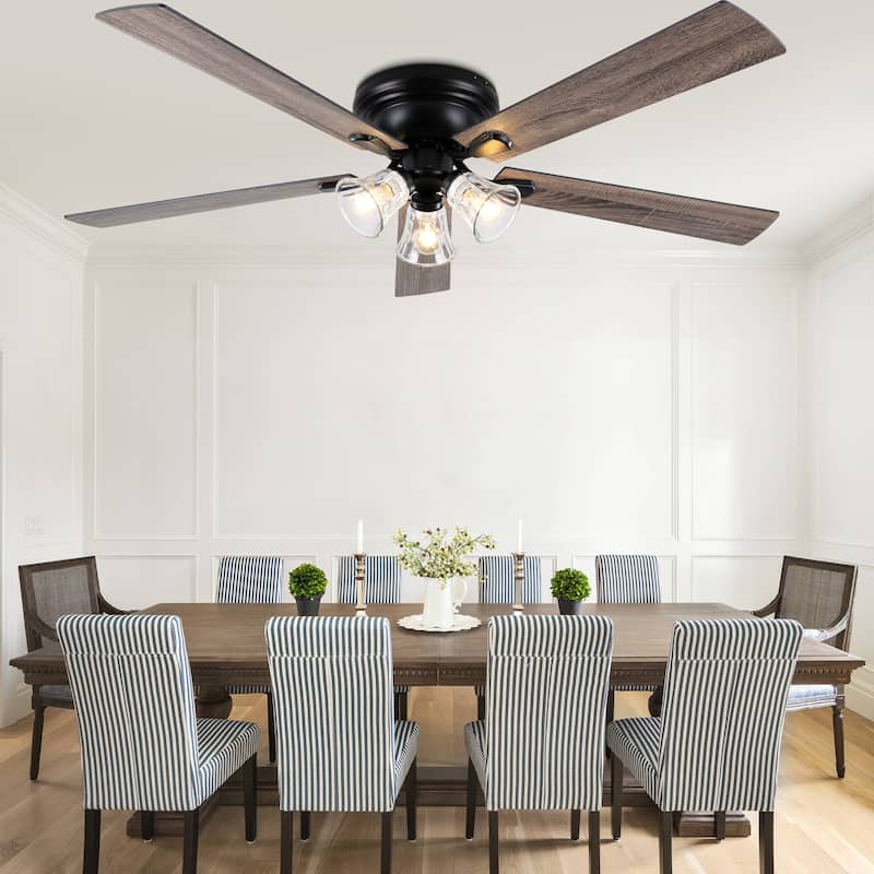 Bella Depot 52" 3-Light Brown Flush Mount Ceiling Fan with Light and Remote Control 6-speed Reversible Timer DC Motor