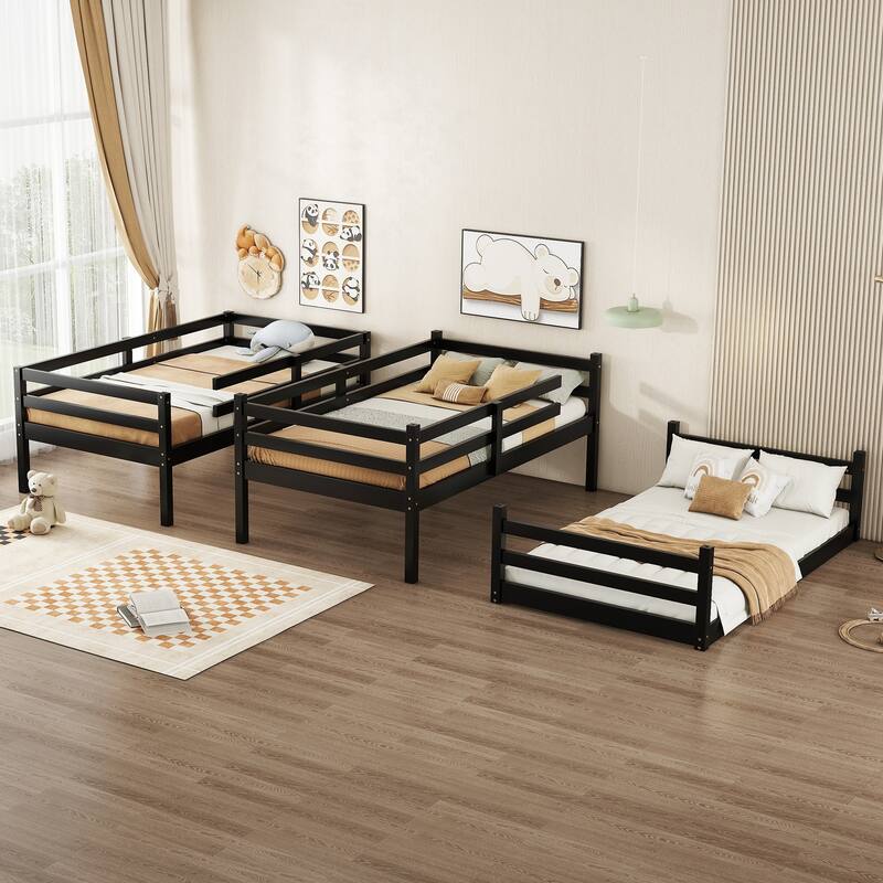 Space-Saving Triple Twin Bunk Bed, Rubber Wood Construction, Detachable into Three Beds, with Guardrails