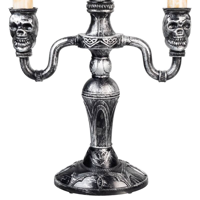 Antique-Style Skull Trio Flickering Halloween Candelabra - 13.75" - Amber Lights