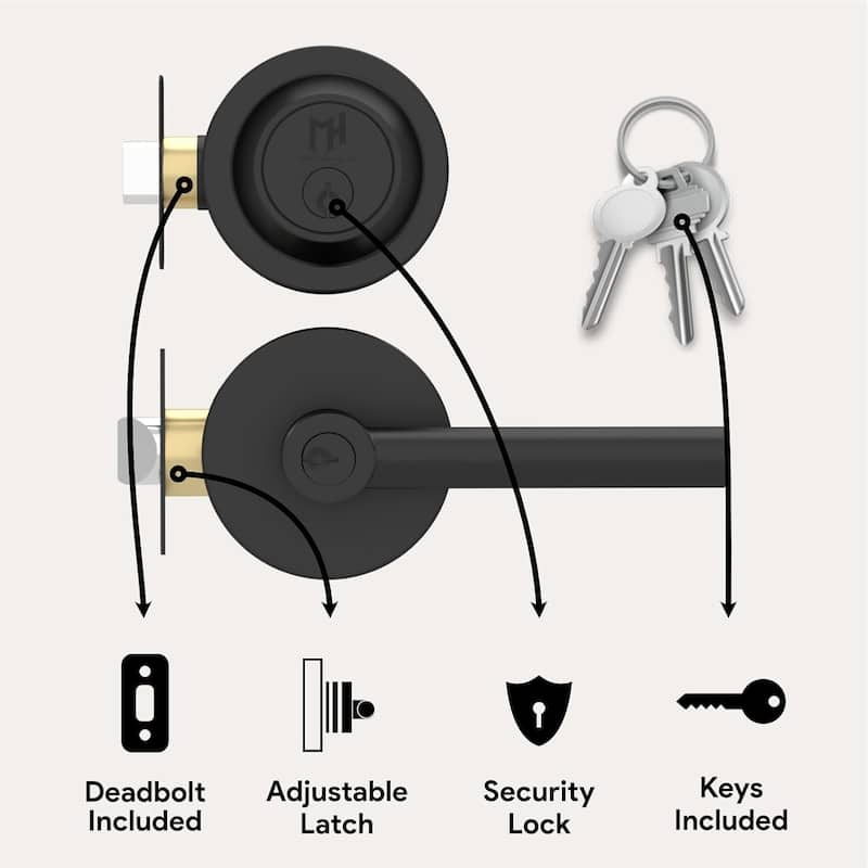 Mega Handles RONN Modern Door Handle with Deadbolt – Front Door Keyed Flat Entry Lever & Round Single Cylinder Lock Set
