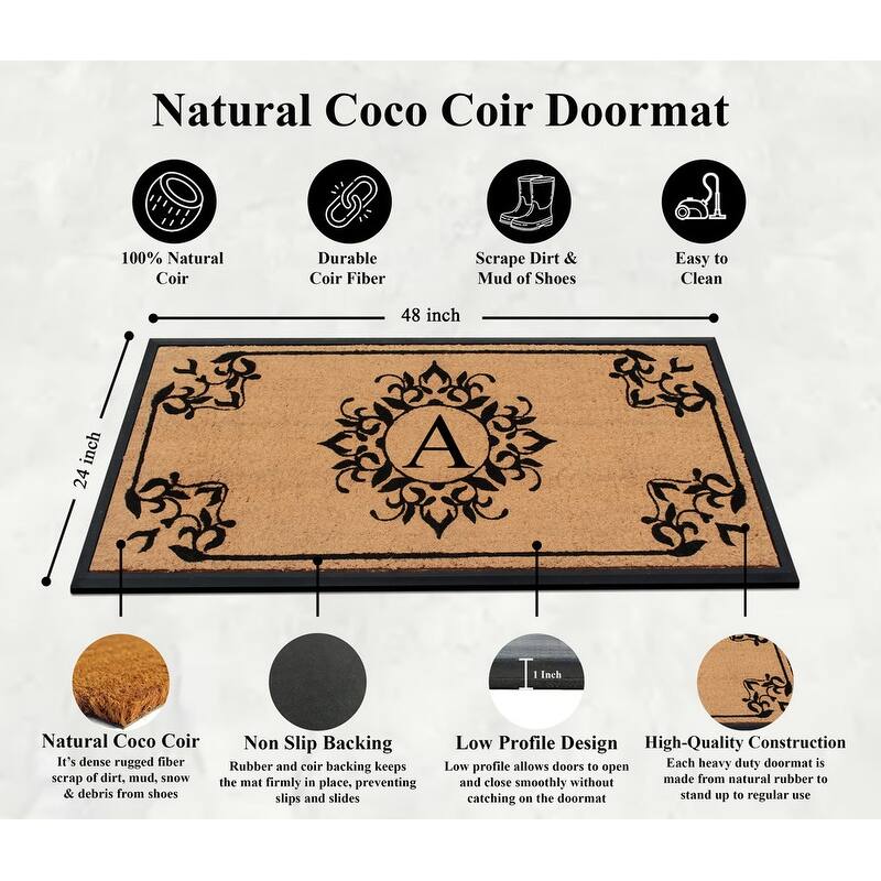 A1HC Floral Natural Coir & Rubber Monogrammed Front Doormat