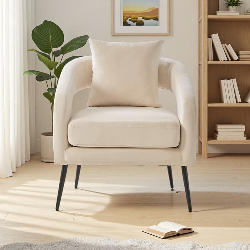 Velvet Open-Back Accent Chair with Metal Legs and Removable Cushion - Beige
