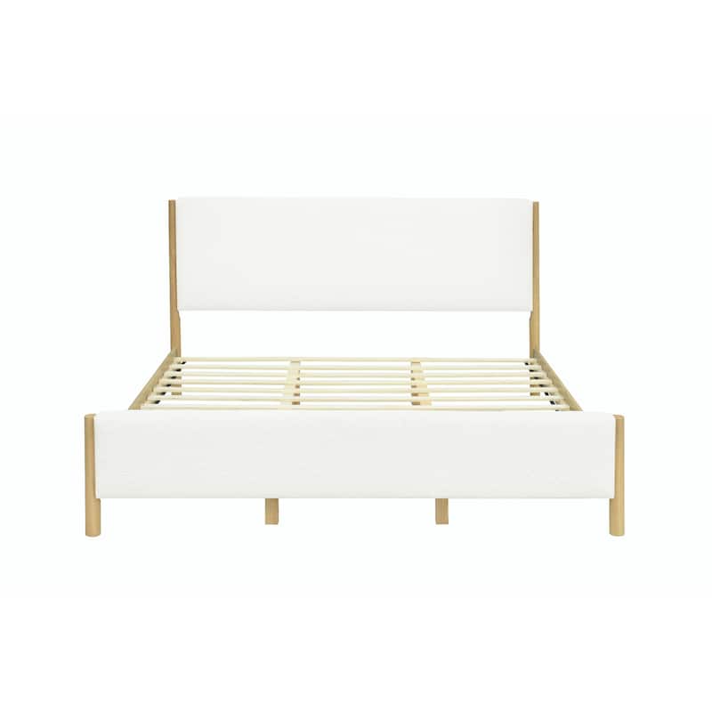 Modern White Bouclé Upholstered Bed with Rubberwood Legs