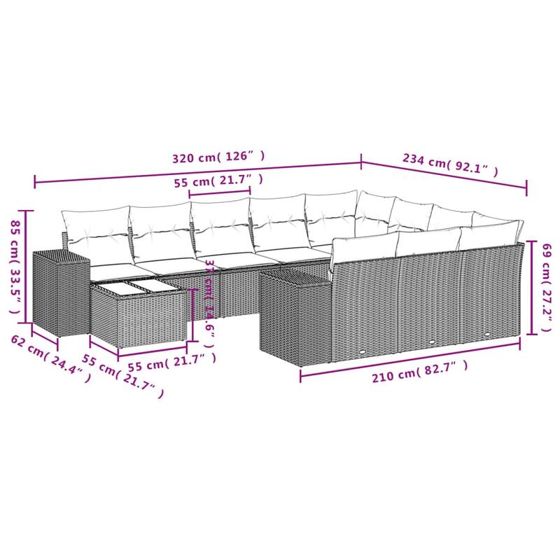 vidaXL Patio Sofa Set with Cushions Outdoor Furniture 11 Piece Poly Rattan